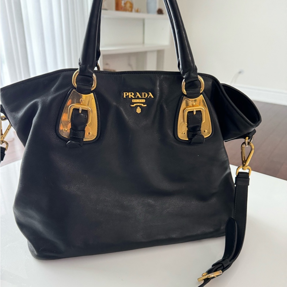 PRADA LAMBSKIN LOGO LETTERING TWO WAY TOTE BAG